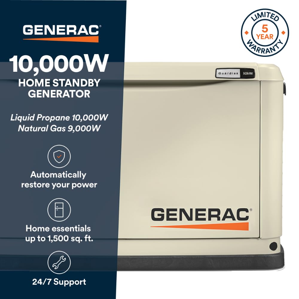 Generac Guardian 10kW Home Generator, Transfer Switch & WiFi Monitoring