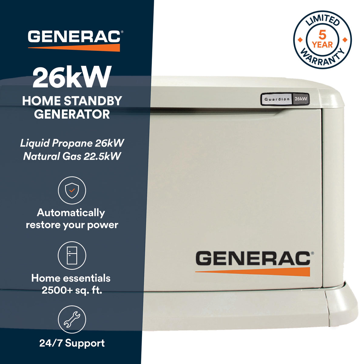 Generac Guardian 26kW Home Generator, Transfer Switch & WiFi Monitoring