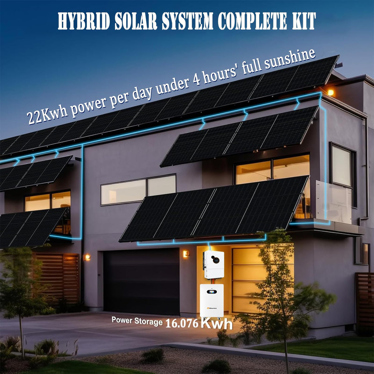 Dawnice 5.5KW Hybrid Solar System Complete Kit with 12KW Solar Hybrid Inverter 48V 314Ah 16KWh LiFePO4 Battery 10PCS Bificial 550W Solar Panels with MPPT Controller 120/240Vac