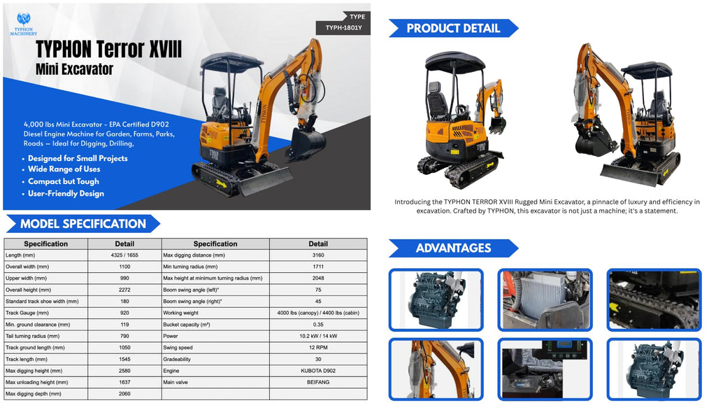 TERROR XVIII 4,000 lbs Mini Excavator - EPA Certified D902 Diesel Engine Machine for Garden, Farms, Parks, Roads – Ideal for Digging, Drilling, Bull-Dozing