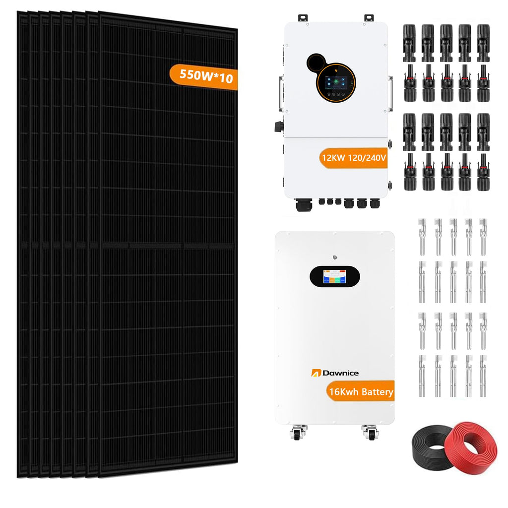 Dawnice 5.5KW Hybrid Solar System Complete Kit with 12KW Solar Hybrid Inverter 48V 314Ah 16KWh LiFePO4 Battery 10PCS Bificial 550W Solar Panels with MPPT Controller 120/240Vac