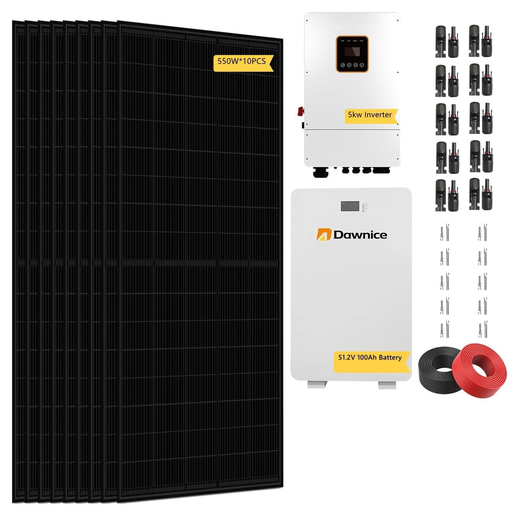 5KWH Hybrid Solar System Complete Kit Home Solar Power System Complete kit 10PCS 550W Solar Panel (5500W) + 1Set 48V 5KW Split Phase Inverter with MPPT Controller + 1Set 5kwh Lithium Battery