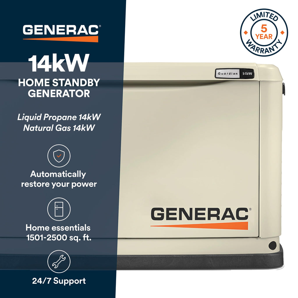 Generac Guardian 14kW Home Generator, Transfer Switch & WiFi Monitoring