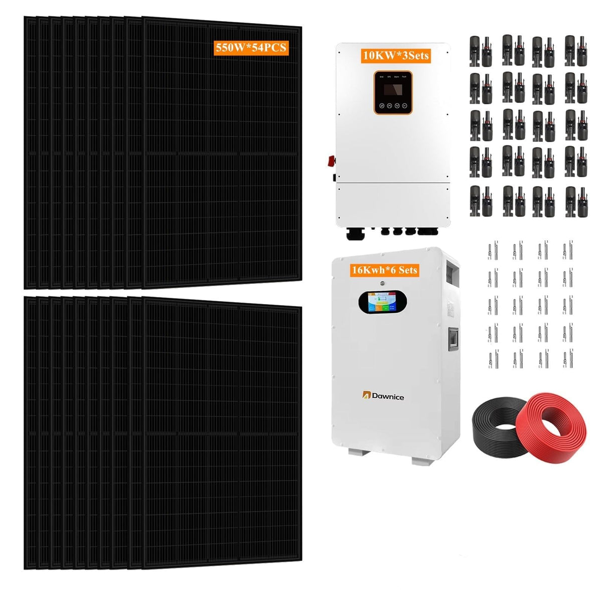 30KW Hybrid Solar Power System Complete Kit 54PCS 550W Solar Panel (30KW) + 3 Sets 48V 10KW Split Phase Inverter Built in MPPT+ 6 Sets-51.2V 314Ah 16kwh LiFePO4 Home Storage Lithium Battery