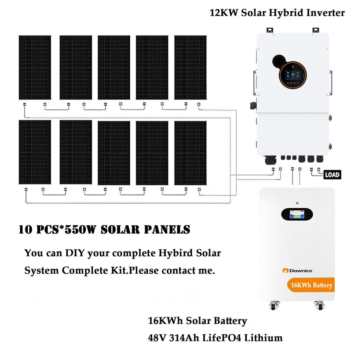Dawnice 5.5KW Hybrid Solar System Complete Kit with 12KW Solar Hybrid Inverter 48V 314Ah 16KWh LiFePO4 Battery 10PCS Bificial 550W Solar Panels with MPPT Controller 120/240Vac