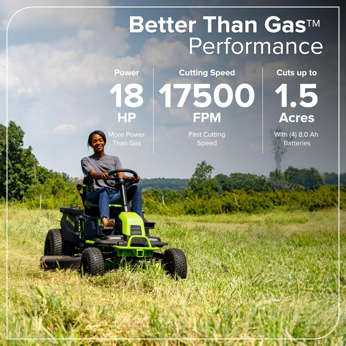 Greenworks 60V 42" CrossoverT Cordless Riding Lawn Tractor, (4) 8.0Ah Batteries and (600W) Plug in Charger