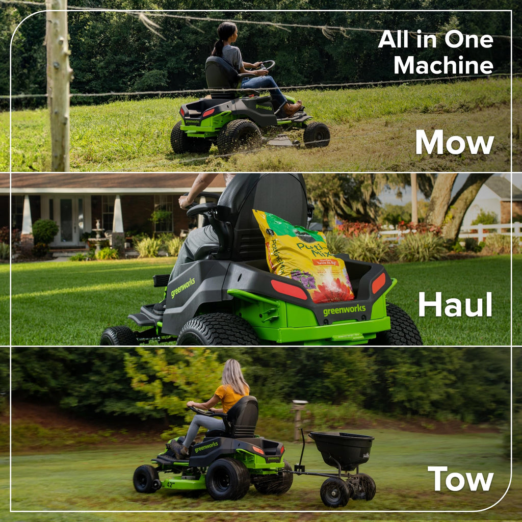 Greenworks 60V 42" CrossoverT Cordless Riding Lawn Tractor, (4) 8.0Ah Batteries and (600W) Plug in Charger